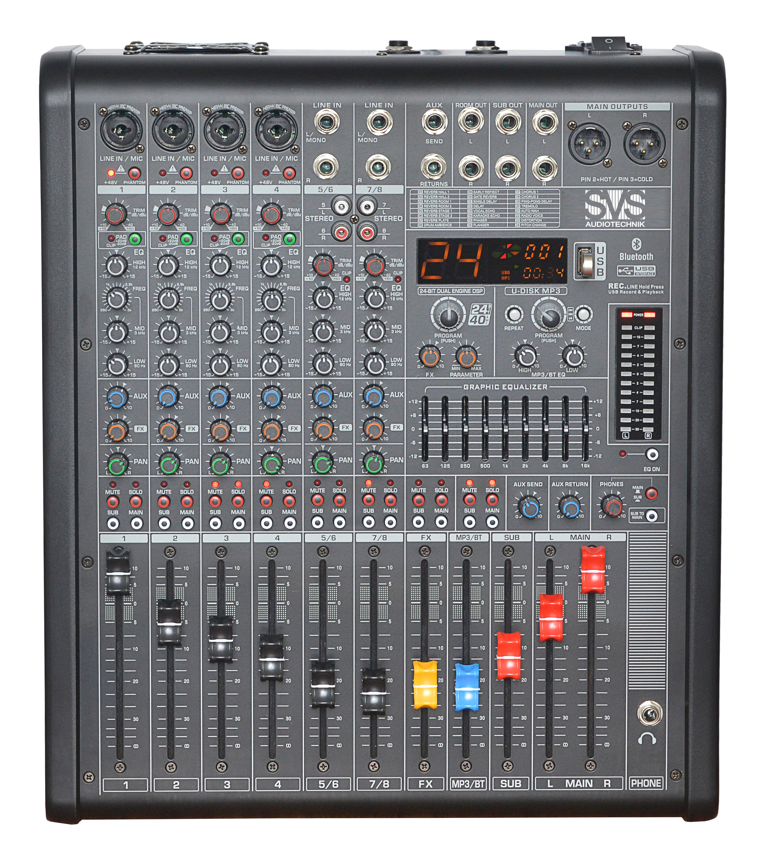 SVS Audiotechnik mixers PM-8A - активный аналоговый микшер, 2х650Вт, 4моно, 2 стерео, DSP, MP3, Blue