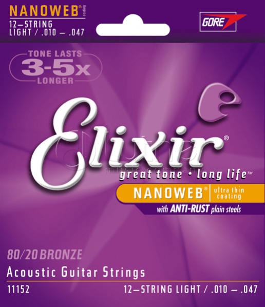Elixir 11152 NANOWEB Комплект струн для 12-струнной акустической гитары, Light, бронза 80/20